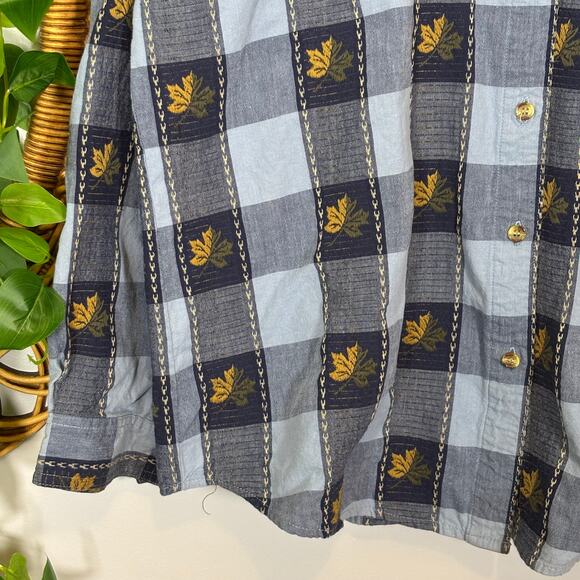 Blue Check Autumn Leaves Embroidered Shirt XL Cotton Button Down | Soft Summer - Picture 6 of 8